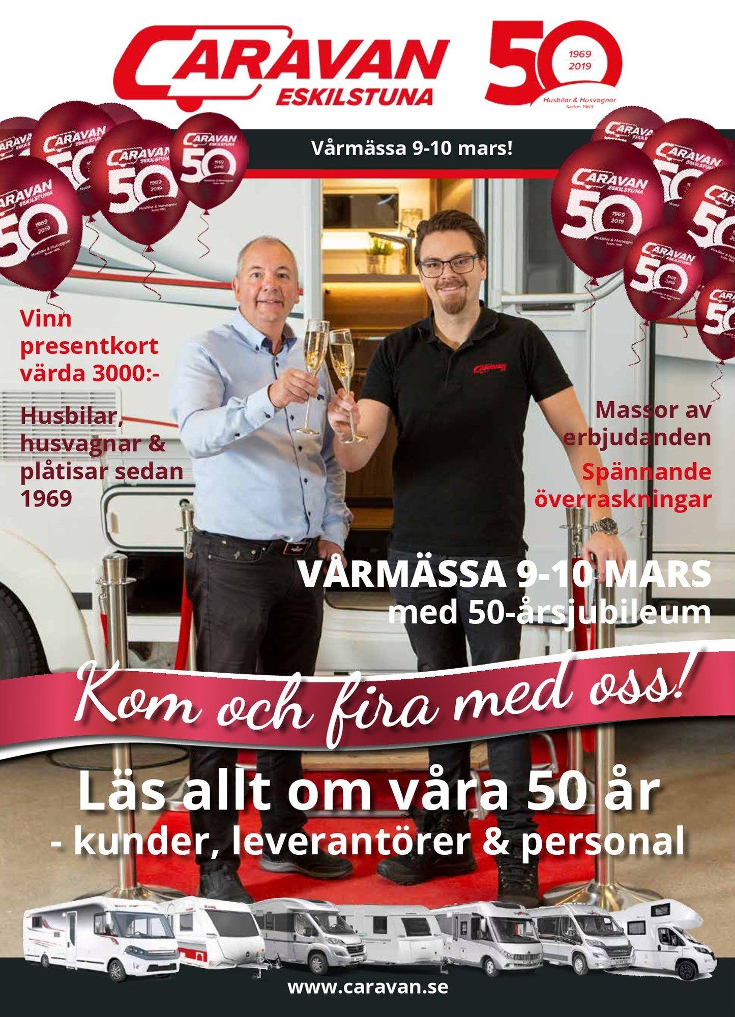Caravan Eskilstuna 50th-anniversary ad. Two men toast with champagne, caravan models at bottom, balloons.