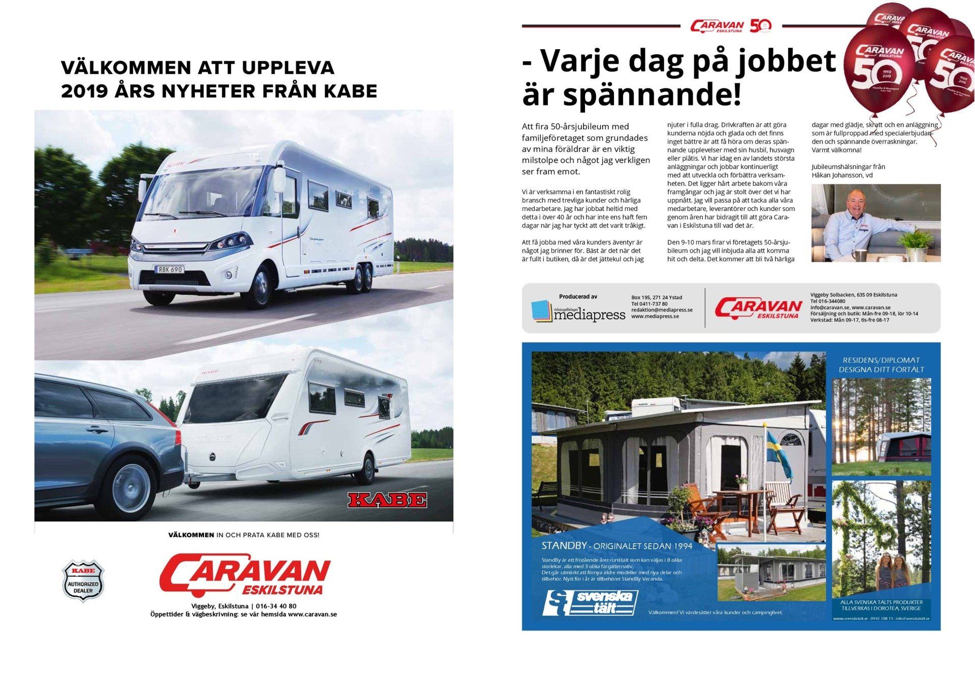 Caravan brochure with a motorhome and a trailer; headline: