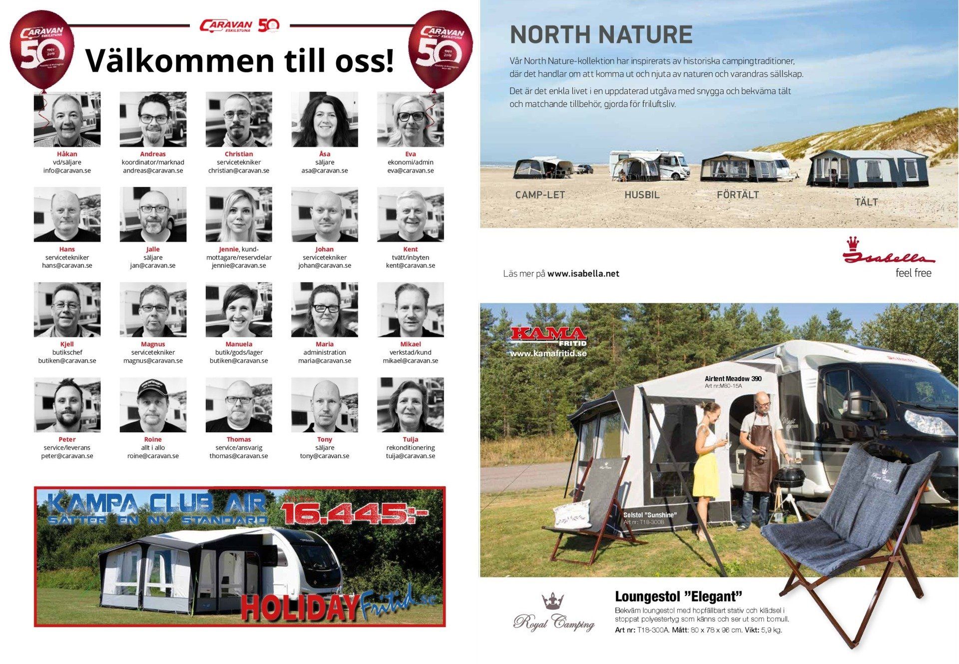 Advertisements for camping and caravanning: a welcome page, tents on a beach, and a camper with accessories.