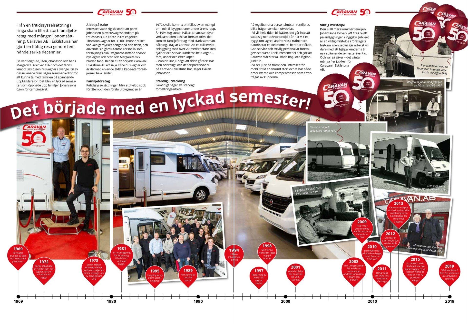 Magazine spread celebrating an anniversary. Showroom with camper vans, staff photos, and celebratory balloons.