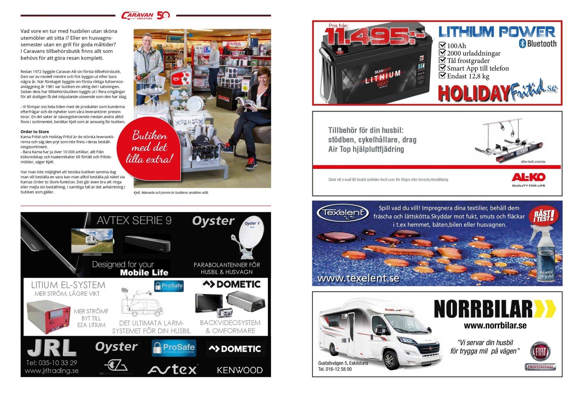 Page layout with text, product ads for batteries, satellite systems, and motorhomes.