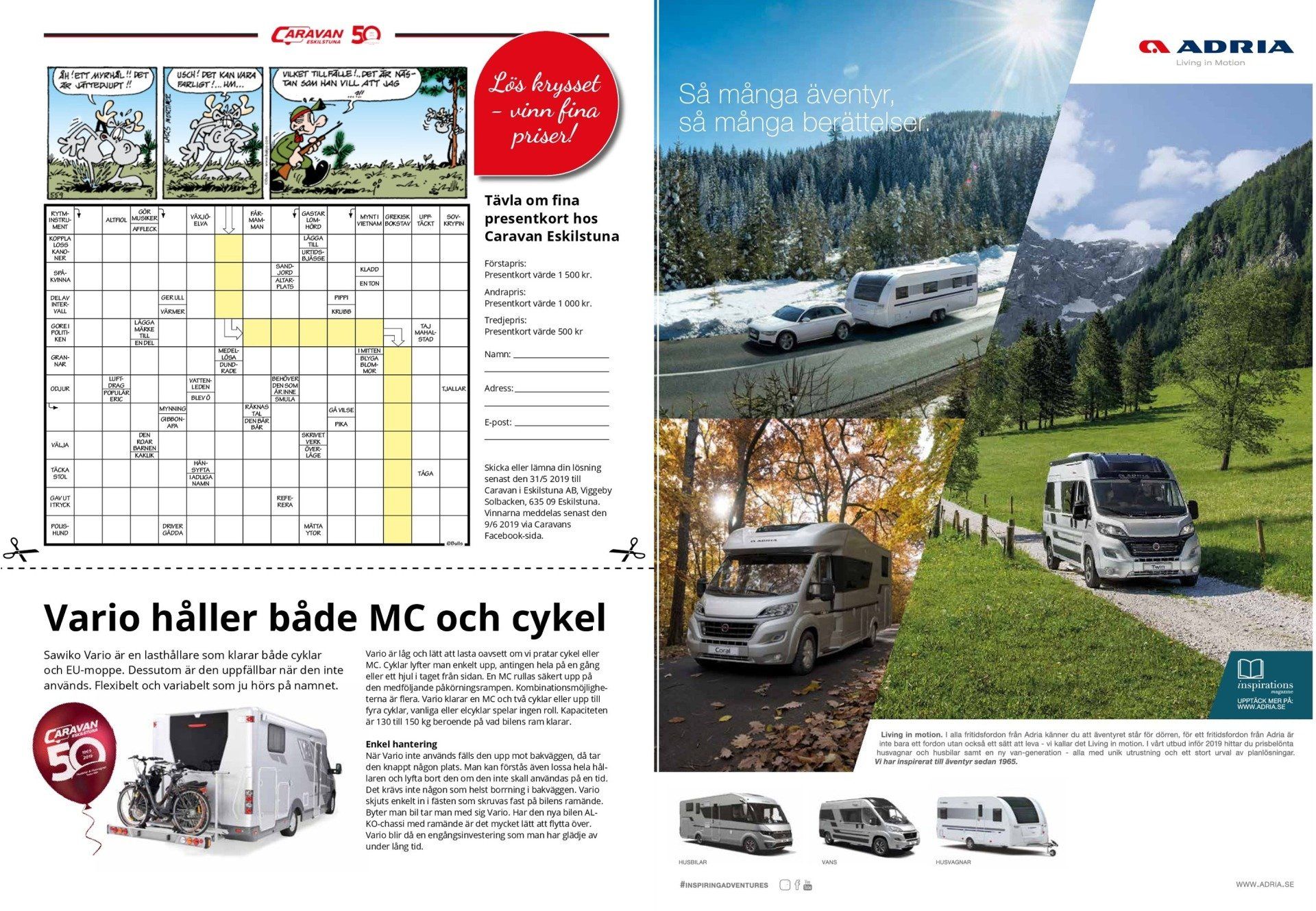 Magazine spread: Calendar, cartoon, RV photos in snowy & sunny settings, brochure advertisement.