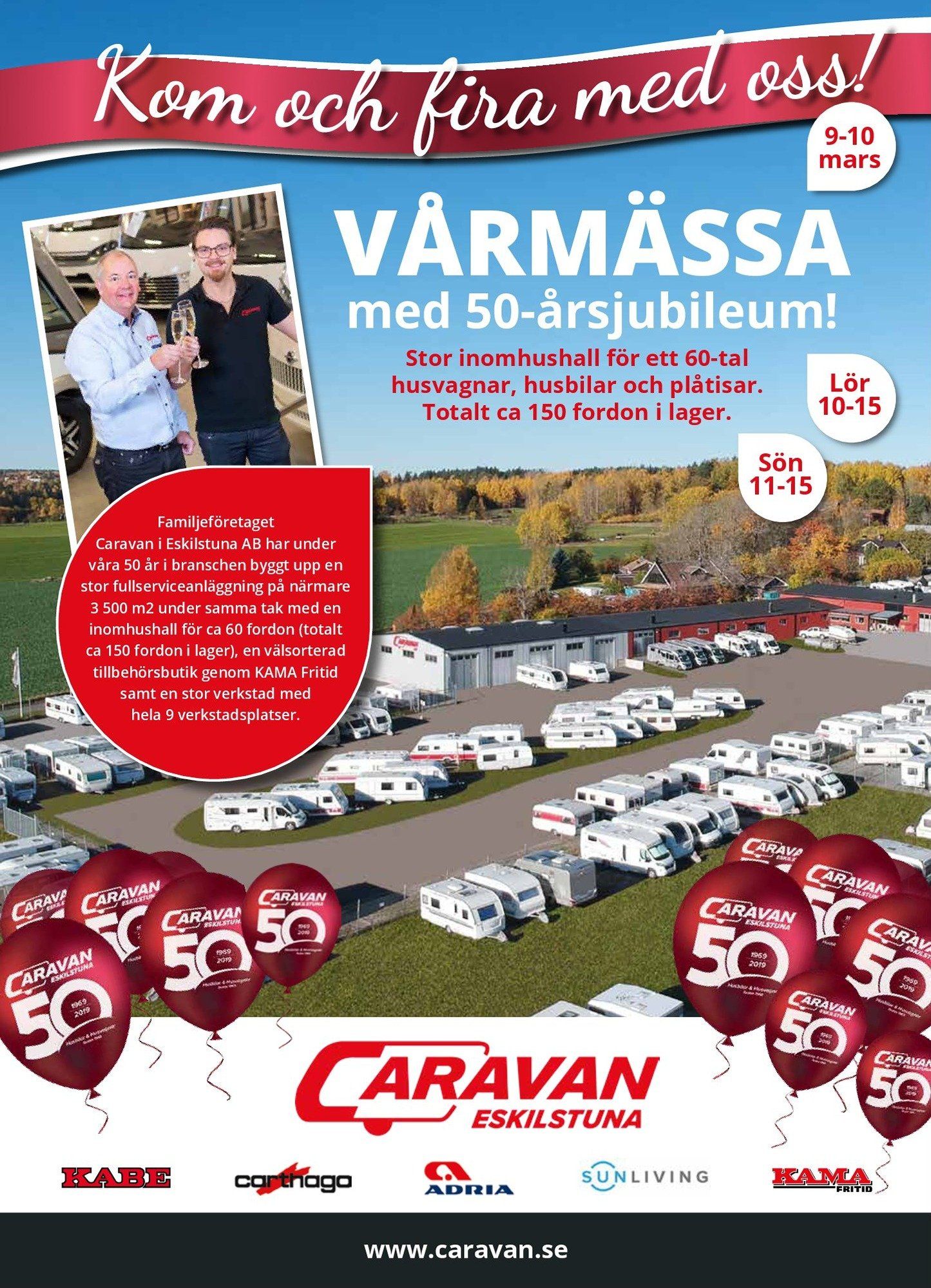 Poster for a caravan fair celebrating a 50-year jubilee. Features caravans, balloons, and people.