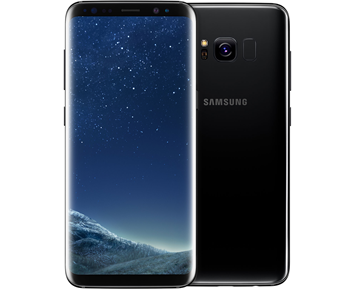 Black Samsung Galaxy S8 smartphone; front and back views showing curved screen and camera.