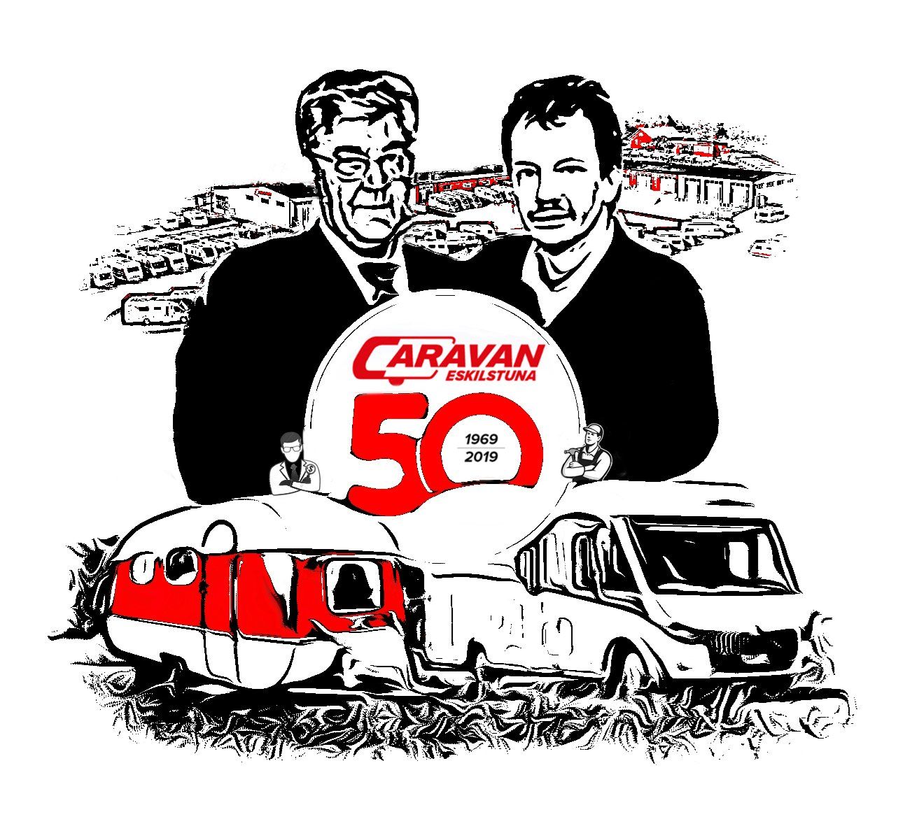 Two men holding a logo celebrating the 50th anniversary of Caravan Barcelona, with camper vans.
