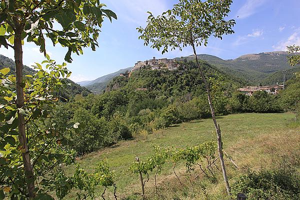 Grünes Tal mit Bäumen, einer Grasfläche und einem Steindorf auf einem entfernten Hügel an einem sonnigen Tag.