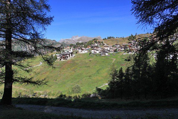 Ein Dorf, eingebettet in einen grünen Hügel unter einem klaren blauen Himmel, umrahmt von Bäumen.