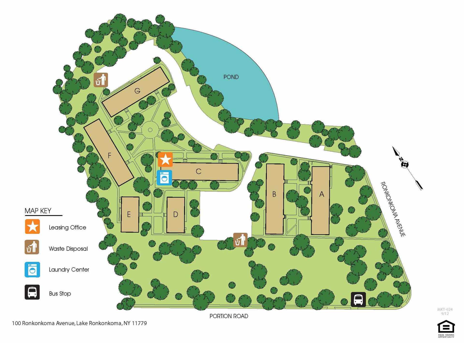Map of apartment complex showing 7 buildings, trees, and a pond. At the corner of Ronkonkoma Avenue and Portion Road.