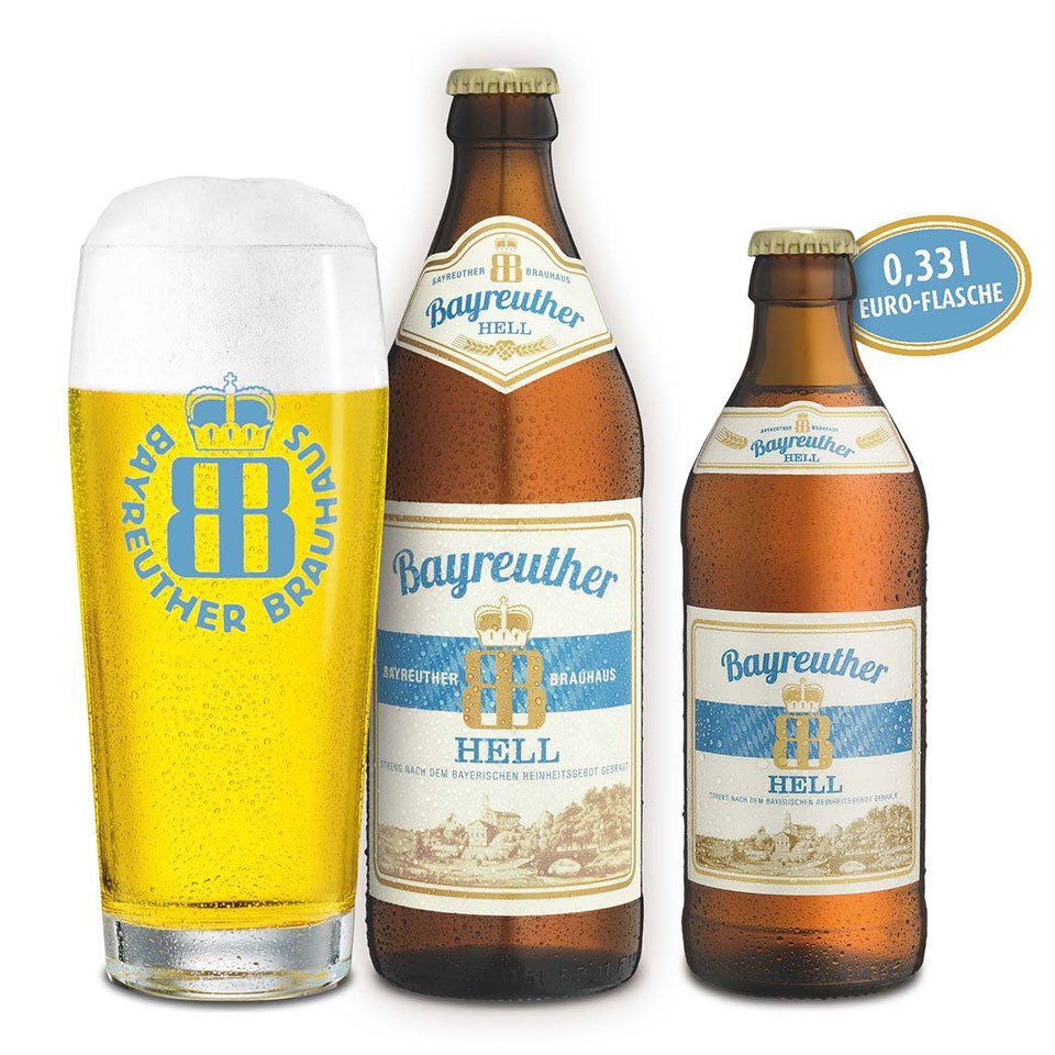 330 ml, 500 ml Euroflasche und eingefülltes Glas Bier der Bayreuther Bierbrauerei