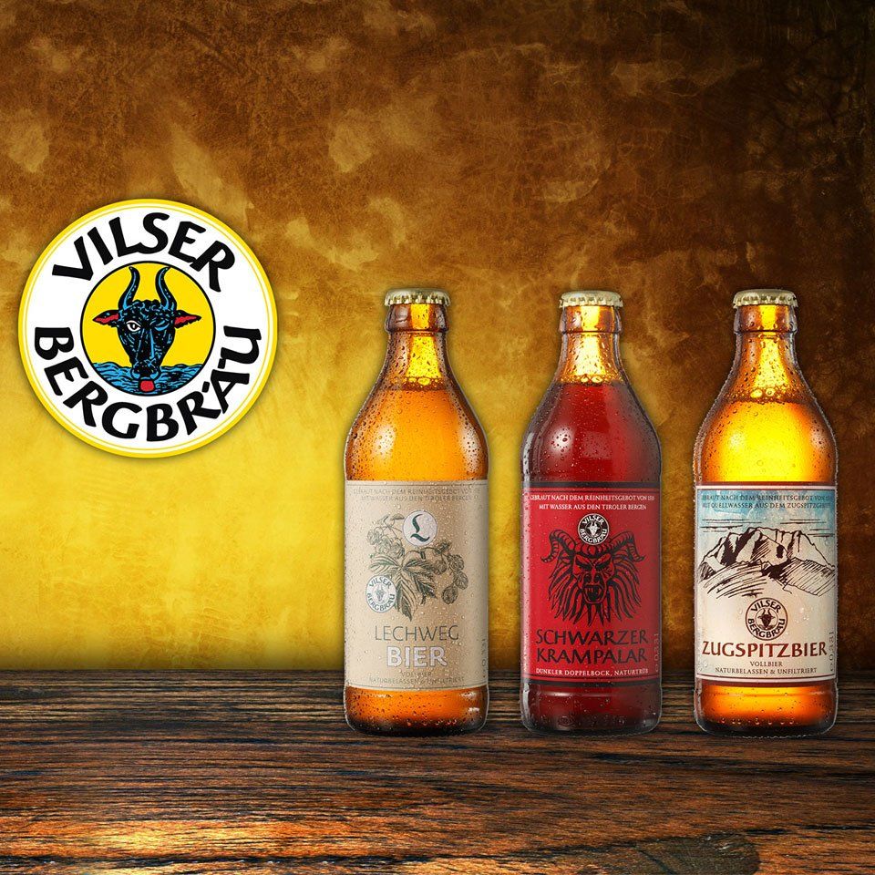 Vilser Bergbräu Logo mit 3 x 330ml Euroflasche und Etikett