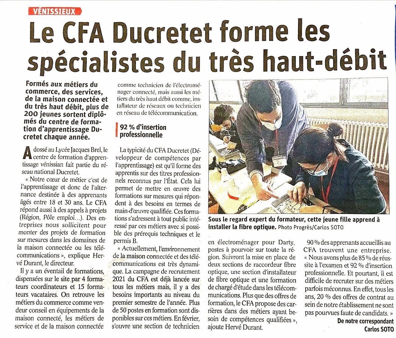 A newspaper article titled le cfa ducretet forme les specialistes du tres haut-debit