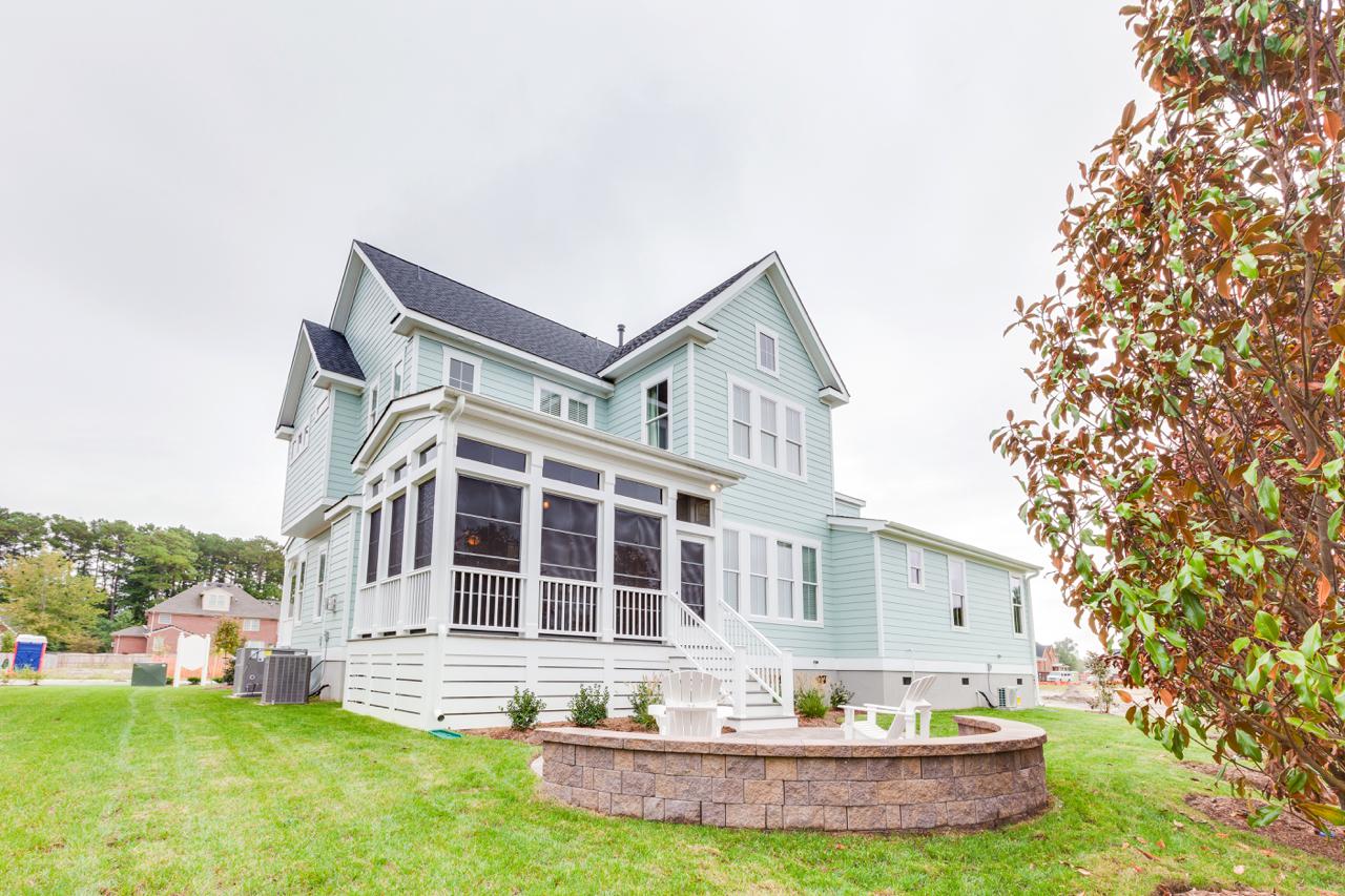 Rear exterior of elegant teal home | Exterior Gallery | Stephen Alexander Homes | Chesapeake, VA