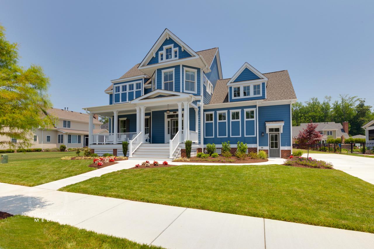 Elegant exterior of blue home  | Exterior Gallery | Stephen Alexander Homes | Chesapeake, VA