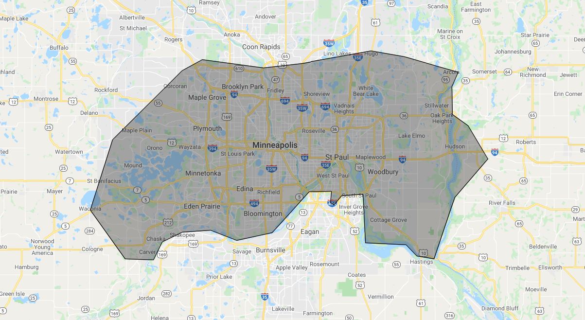 Gray shaded region on a street map, highlighting a large area across the city.