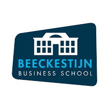 Logo voor Beeckestijn Business School: wit gebouwpictogram, blauwe achtergrond, witte tekst.