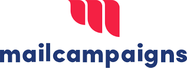 MailCampaigns-logo: een rood, gestileerd golfpatroon boven blauwe tekst.