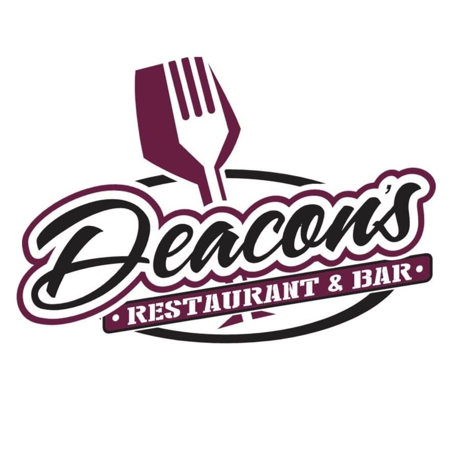 Logo for Deacons Restaurant & Bar, featuring a dark red fork icon above the name in stylized, bold, dark red text.