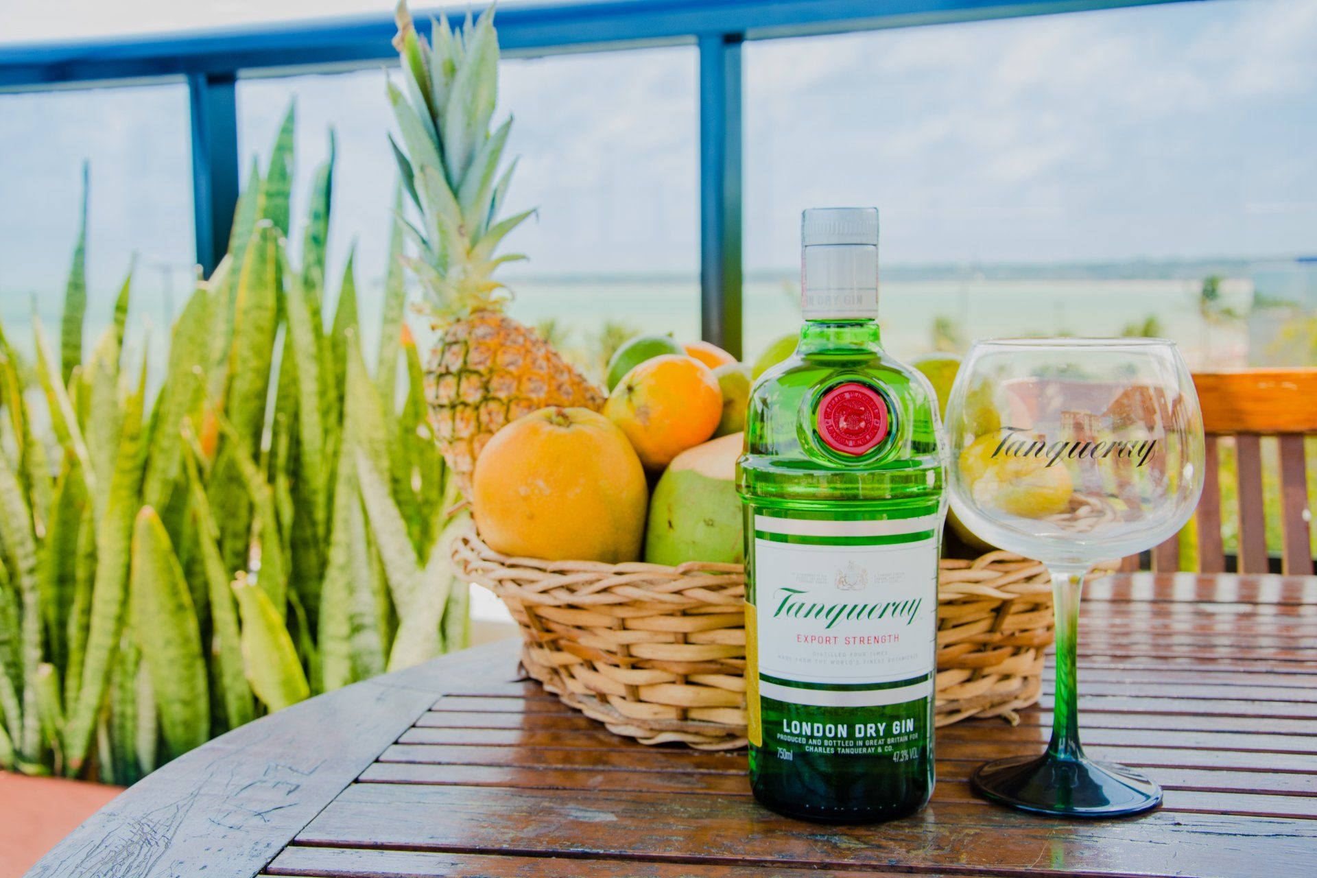 Uma garrafa de gim Tanqueray, um copo e uma cesta de frutas frescas sobre uma mesa de madeira ao ar livre, com plantas ao fundo.