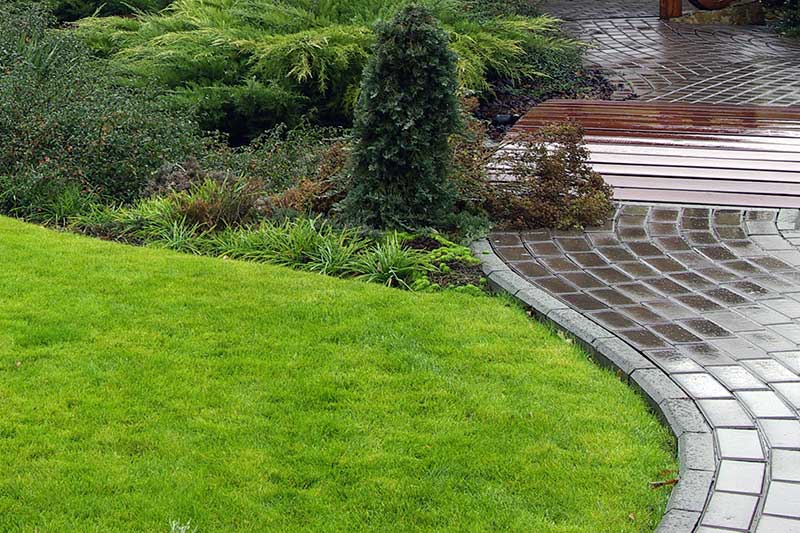 Lush green lawn and landscaped border next to a brick pathway.