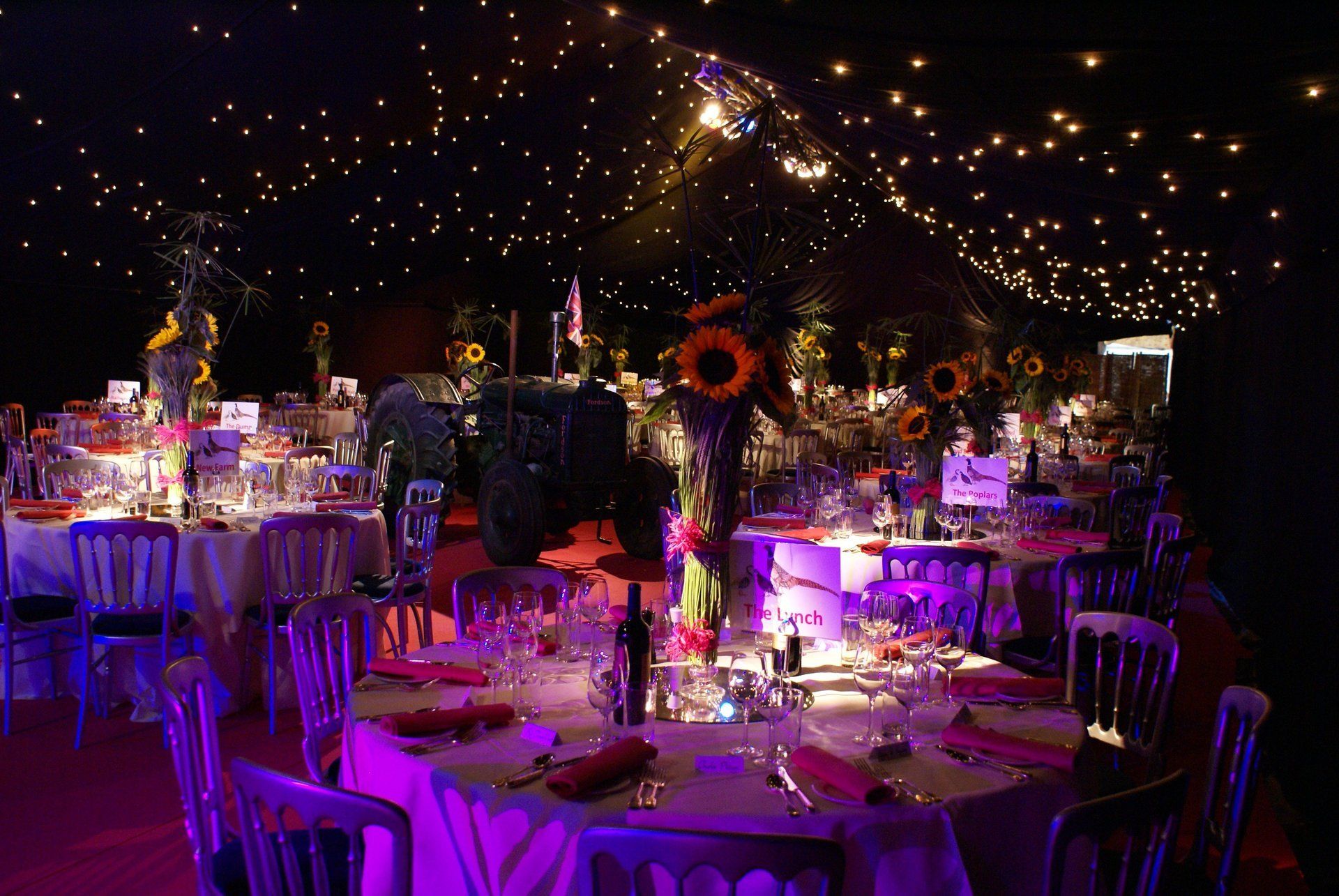 Elegant outdoor banquet under string lights with purple table settings and floral centerpieces at night