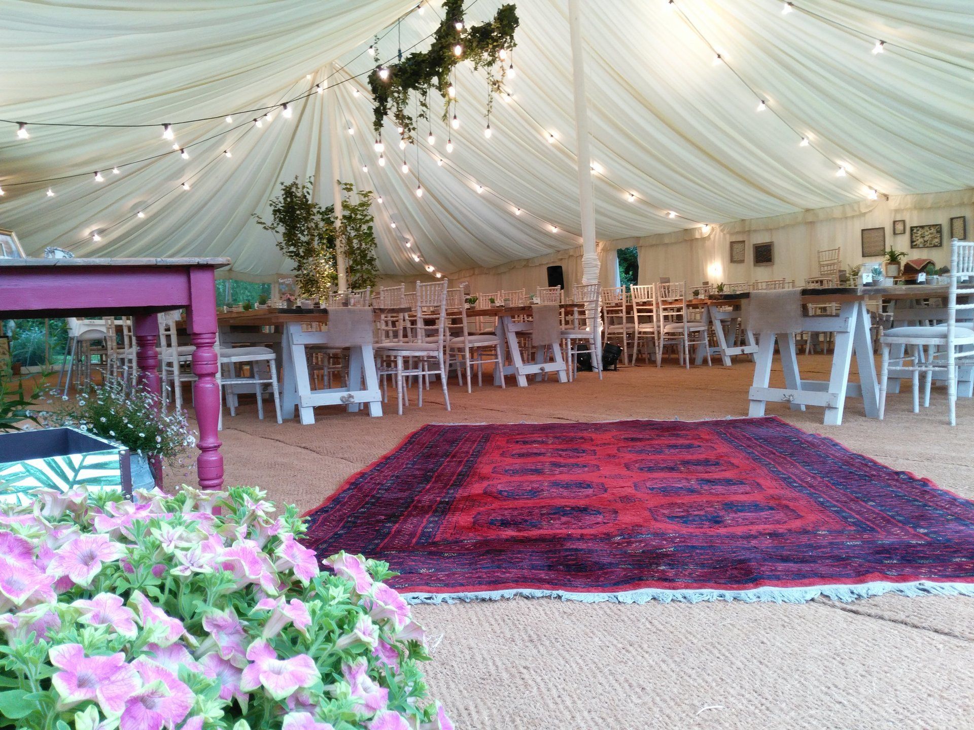 White draped event tent with tables, chairs, and a red patterned rug, viewed past pink flowers in the foreground
