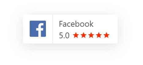 A Facebook logo next to a 5.0 star rating displayed with five red stars.