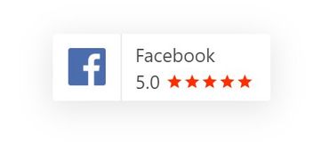 Facebook logo next to a 5.0 rating with five red stars.