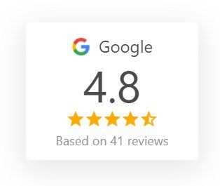 Google rating card showing 4.8 stars out of 5, based on 41 reviews.