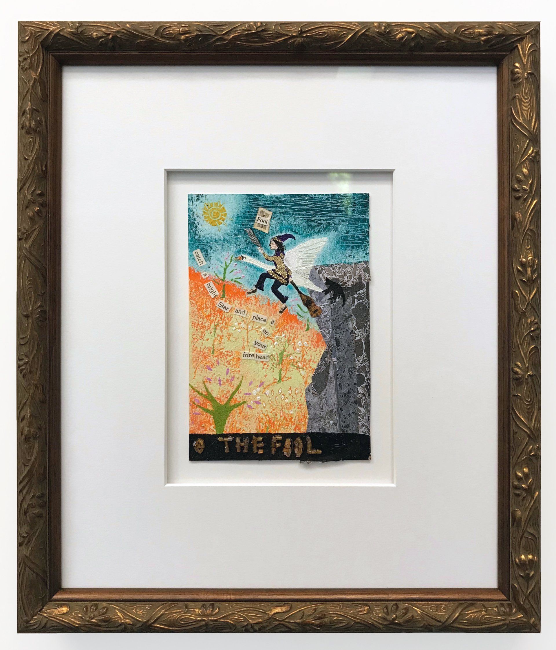 A framed, textured art piece titled 
