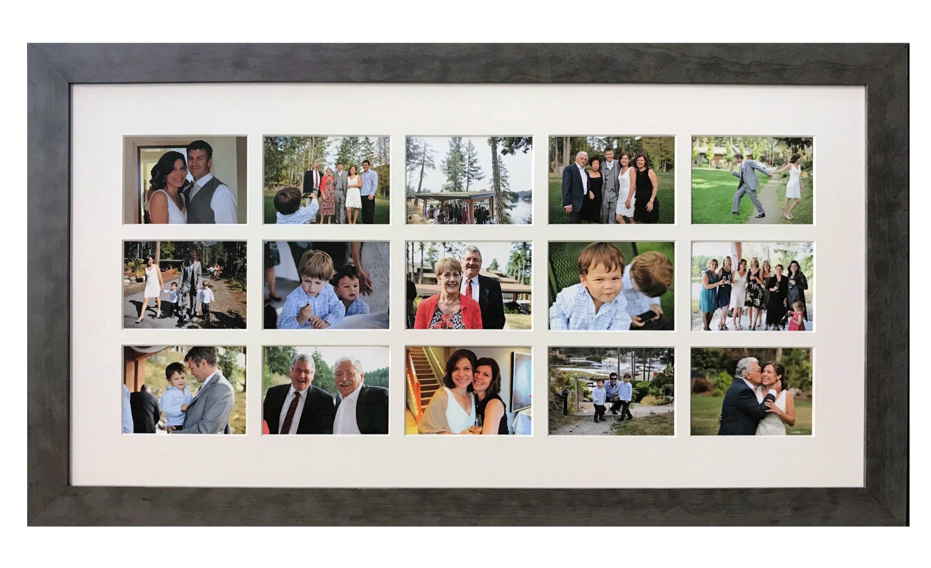 A collage frame holding fifteen small portrait and landscape photographs of people posing in indoor and outdoor settings.