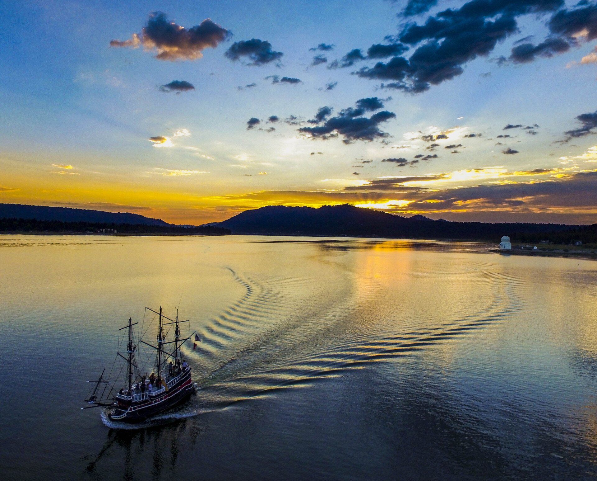Holloway's Marina Big Bear Pirate Ship, Time Bandit, during the sunset