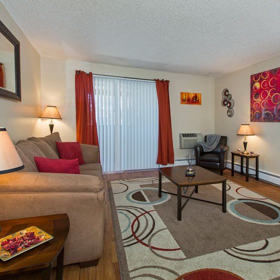Furnished living room with hardwood floors and an area rug