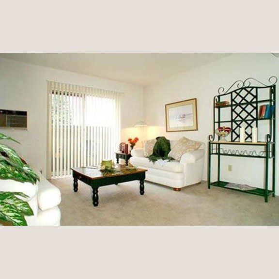 Living room with sliding glass door and carpet