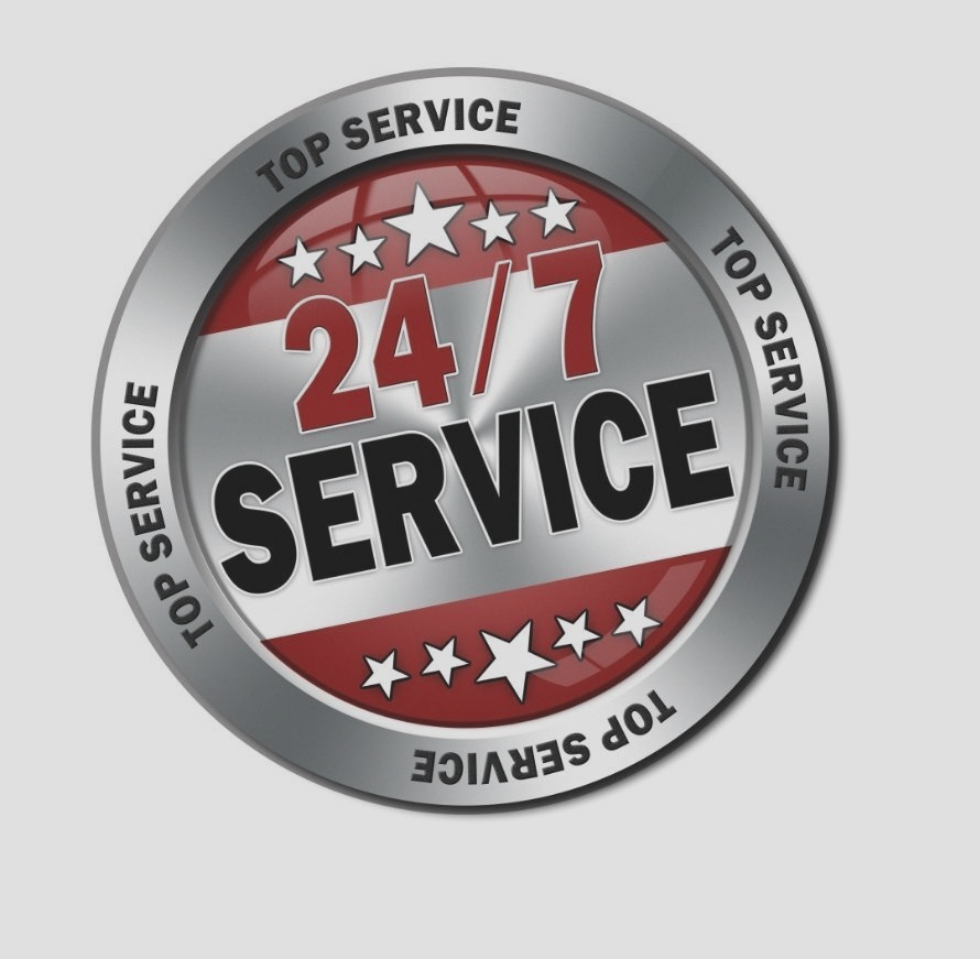 24/7 service badge with red, white, and silver circular design and stars