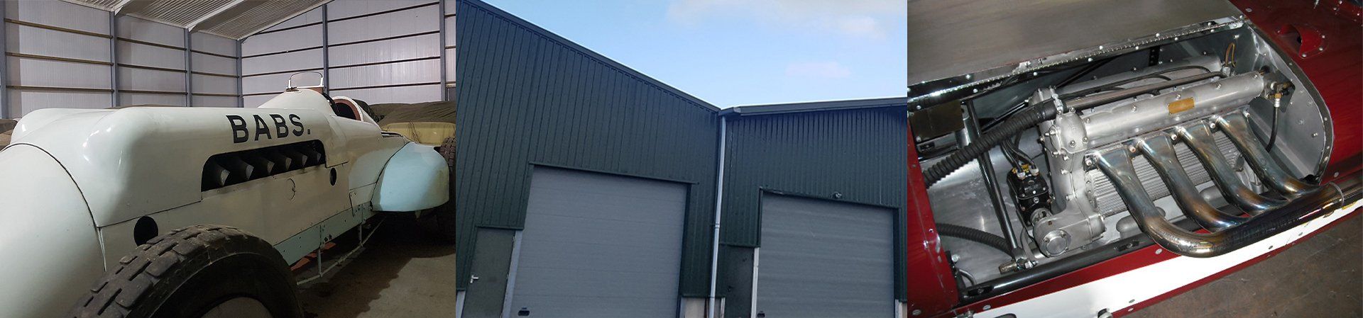 image of a retro race car and exterior of a garage