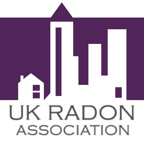 A purple and white logo for the uk radon association