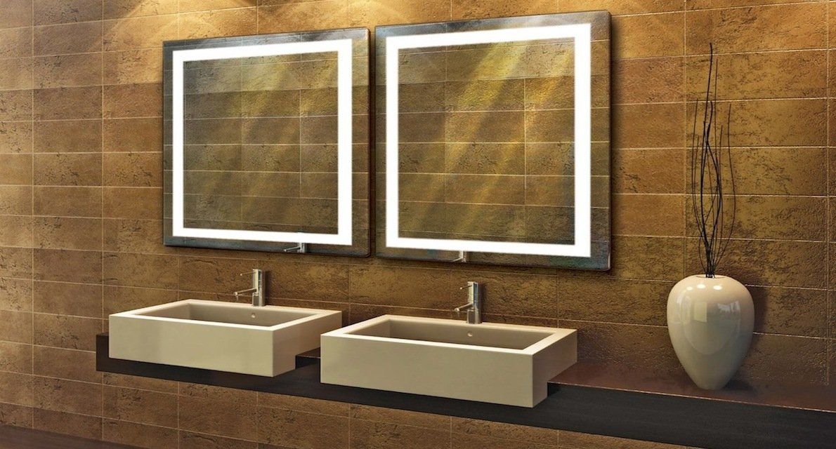 Modern bathroom vanity with two square mirrors, two sinks, and a decorative vase on a wooden wall