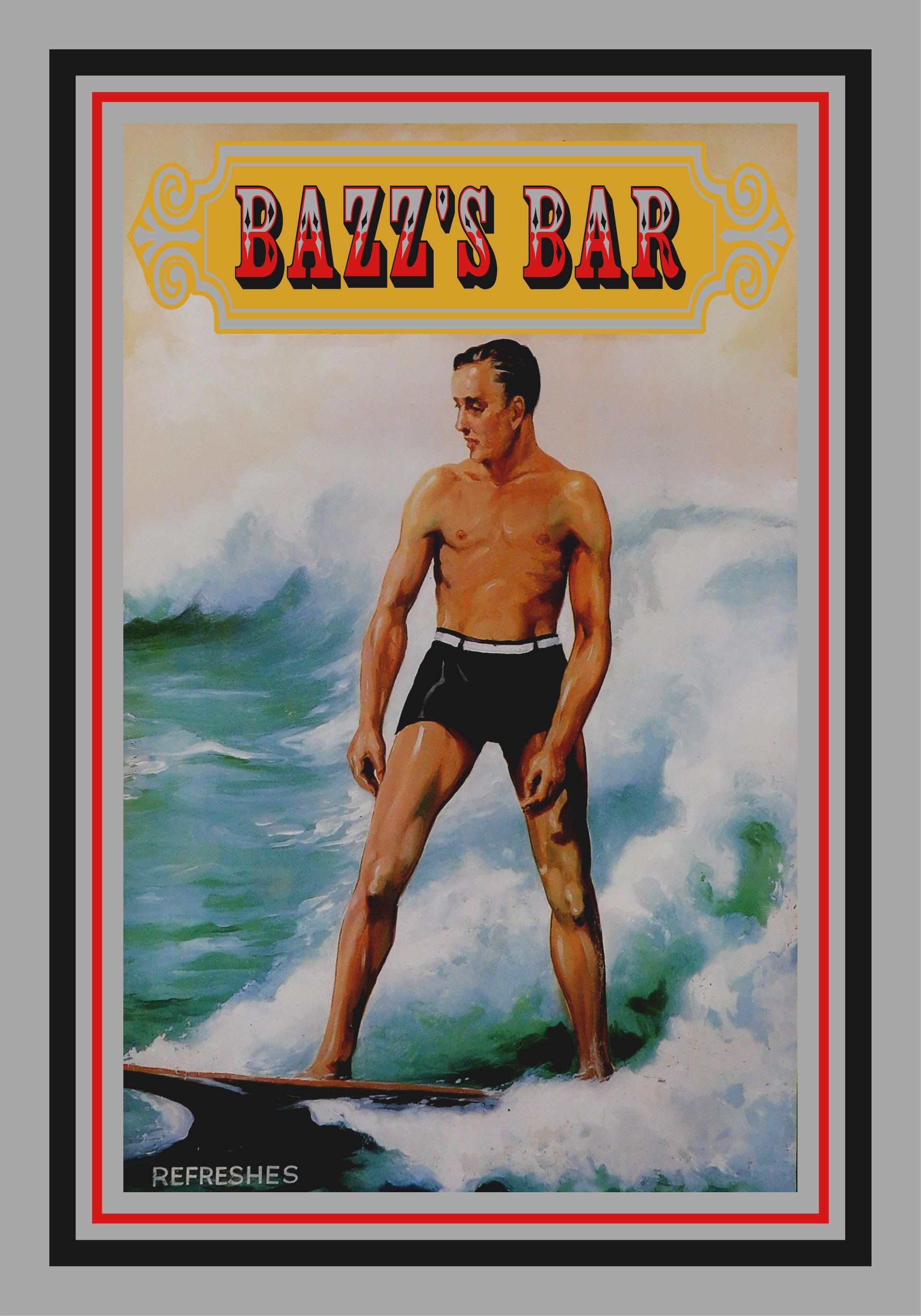 Vintage poster of a surfer standing on a surfboard with “Buzzy’s Bar” title at the top.