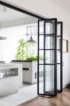 Open black-framed glass door in a bright modern kitchen with white walls and wood floor