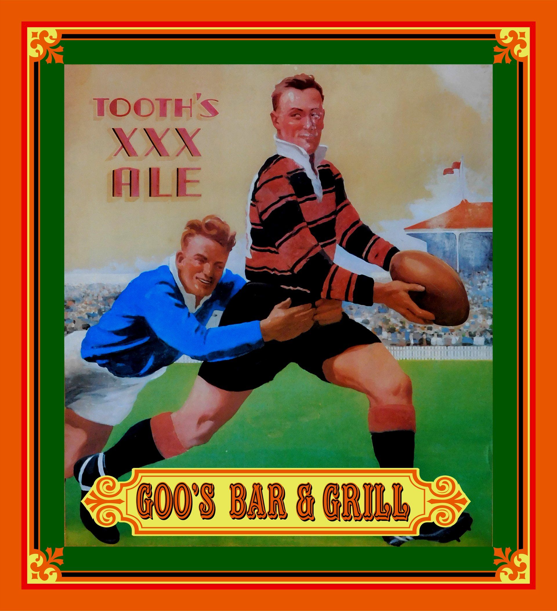 Two rugby players in a vintage beer ad, with