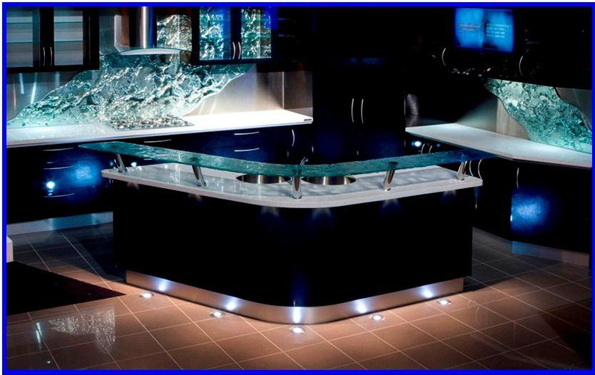 Futuristic display room with glass barriers, blue lighting, and cracked screens around a central black platform