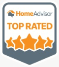 HomeAdvisor Top Rated badge with orange stars on a gray shield shape