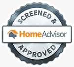 Screened & approved HomeAdvisor badge with gray seal and orange house icon
