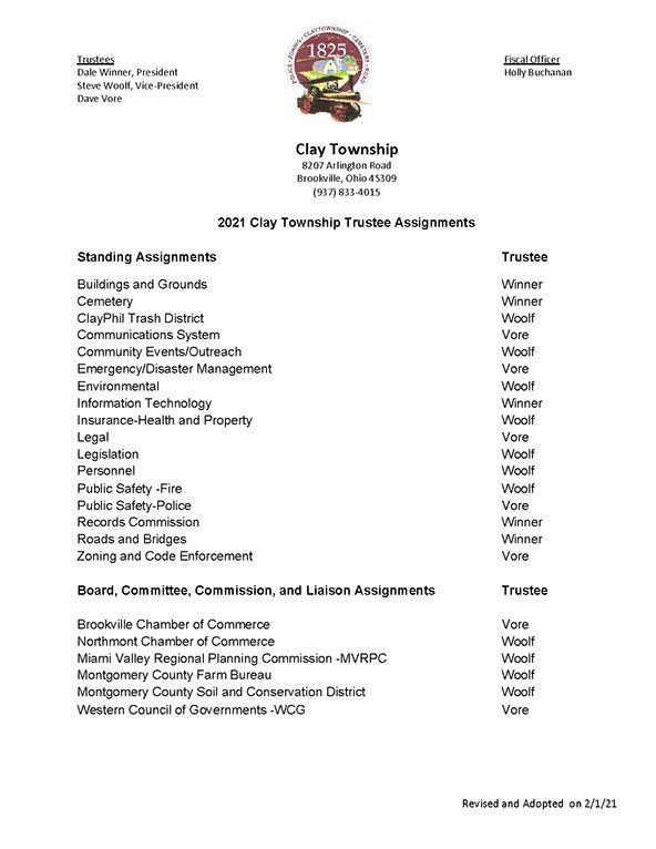 Clay Township 2021 Trustee Assignments listing standing and grant assignments with names of assigned trustees.