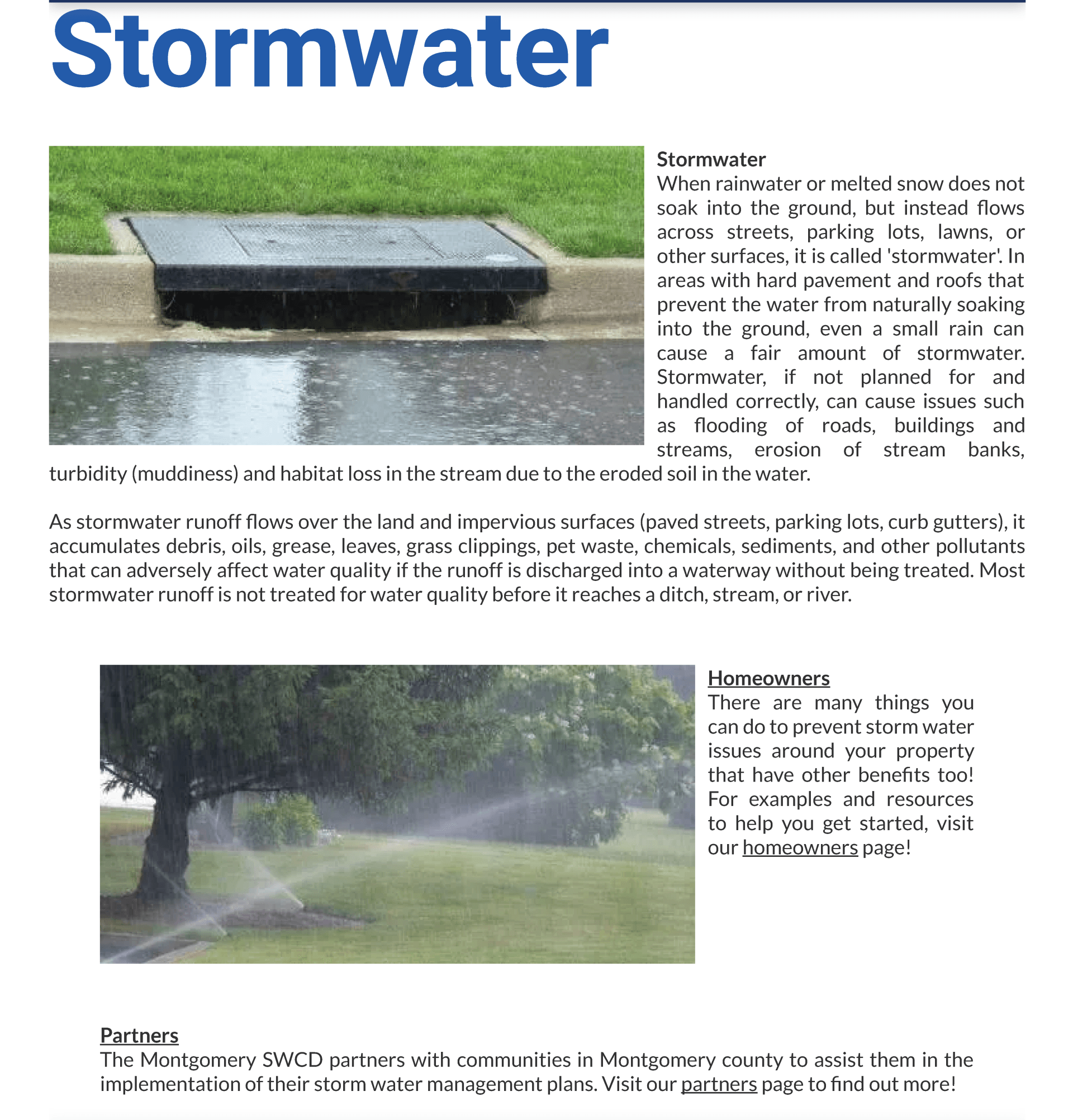 Stormwater drainage with text describing its impact and solutions.
