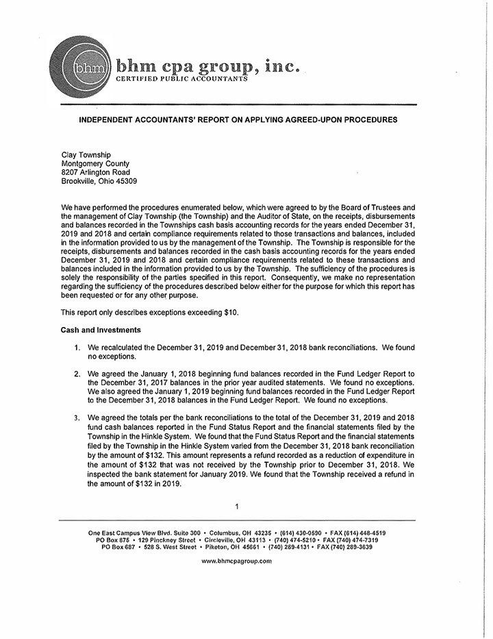 Letter from hhm cpa group, inc. detailing financial information for the Township of Wayne.