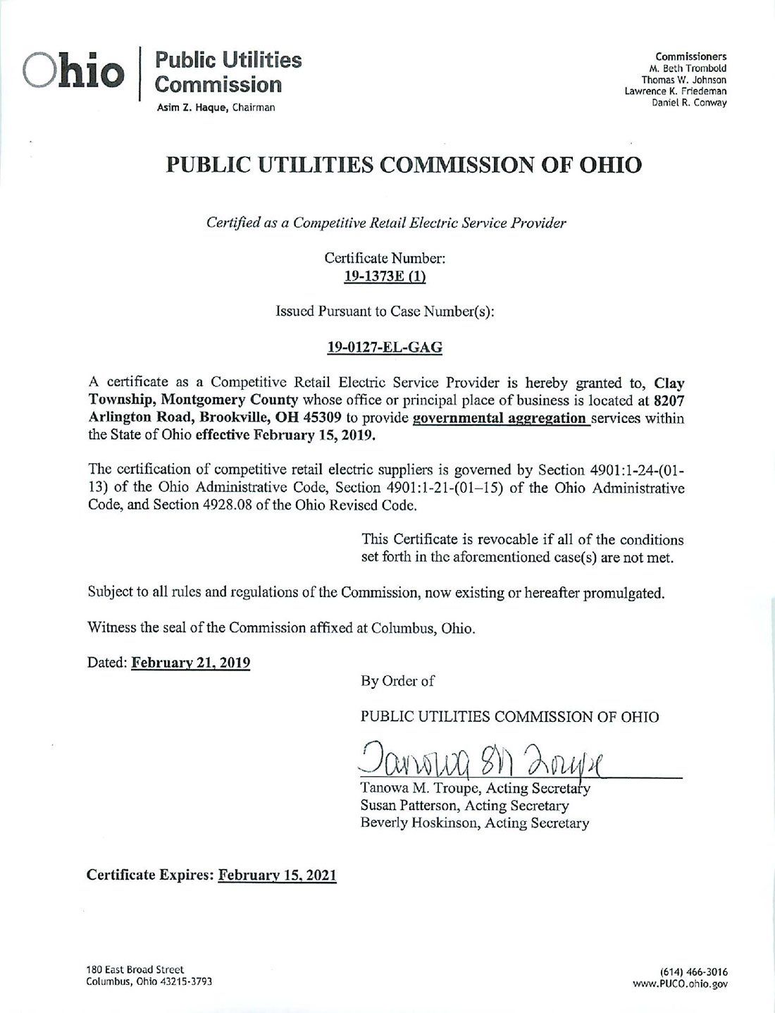Document from the Public Utilities Commission of Ohio, regarding a settlement in Clay Township, Montgomery County.