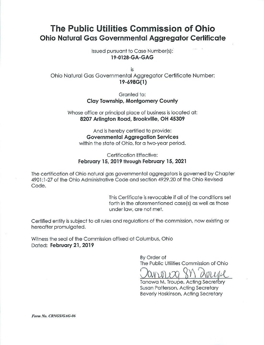 Public Utilities Commission of Ohio certificate for Clay Township, Montgomery County.