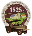 Clay Township seal with 1825, buildings, fields, and a tractor.