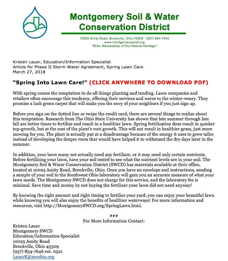 Flyer for Montgomery Soil & Water Conservation District about spring lawn care, with contact info and a link to a PDF.
